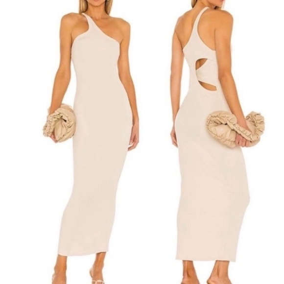 The Line by K Gael Asymmetrical One Shoulder Ribbed Maxi Dress in Oat Tan M - Picture 8 of 8